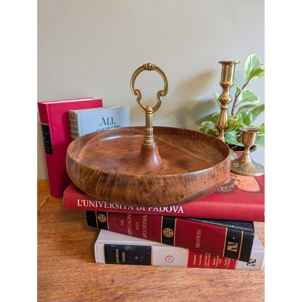 Vintage MCM Hand Turned Myrtlewood Serving Tray with Ornate Brass Center Handle